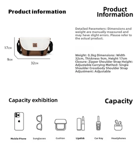Detailed view of color-block messenger bag with dimensions 32x9x17cm and storage capacity