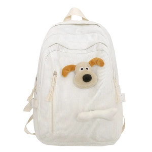 Japanese style cream corduroy backpack featuring 3D cartoon dog and bone accessory