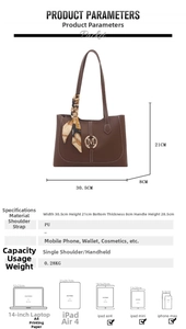 Gedetailleerde afmetingen van bruine PU-lederen tote bag met zijden sjaal en metalen M-logo