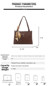 Detailed size chart showing 30.5cm width and capacity comparison for brown tote bag