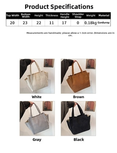Detailed size guide and measurements for the large capacity corduroy bucket shoulder bag