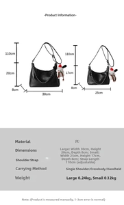 Size chart for black PU leather shoulder bag showing dimensions and adjustable strap details