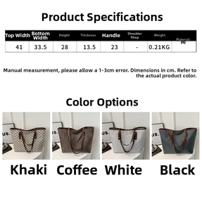 Detailed size chart for retro printed tote bag with precise measurements and color options