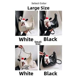 Comparison of black and white chain bags in large and small sizes with plush puppy charms