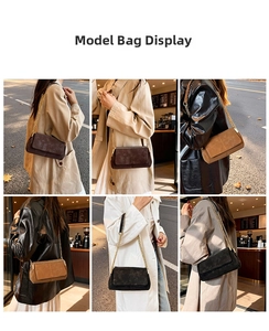 Collage of chic leather shoulder bags with gold chains shown on models in fall settings