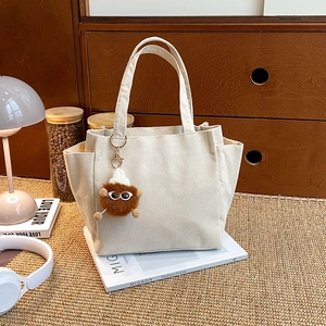 Women Corduroy Tote Bag Large Capacity Commuter Handbag Casual Shoulder Purse With Monster Plush Charm Fashion
