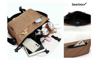 Detail view of large capacity messenger bag showing organized storage for gadgets