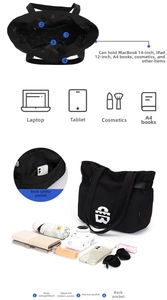 Detail view of large tote bag interior showing compartments for 14-inch laptops