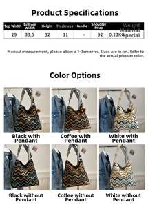 Size chart and dimensions for large capacity woven tote bag with wavy patterns