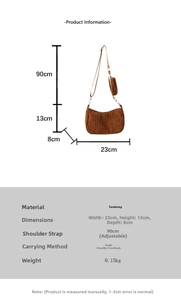 Détails du sac demi-lune en velours côtelé marron avec bandoulière et mini pochette