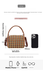 Brown houndstooth mini bag dimensions 18x12x13cm with strap and phone for scale