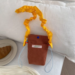 Women Mini Mobile Phone Crossbody Bag Corduroy Contrast Color Ruffled Shoulder Strap Retro Trendy Casual Purse