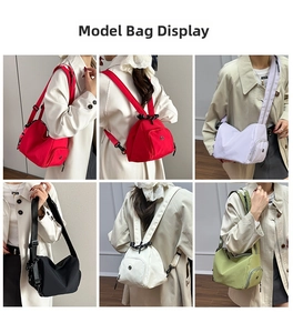 Multi-functional nylon bag in five trendy colors shown in various carrying styles