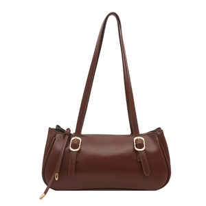 Polished dark brown retro underarm bag with gold buckles and leather tassels