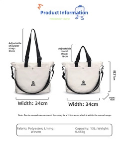 Dimensioni dettagliate della borsa tote in nylon beige con manici neri e tracolla