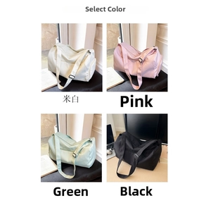 Collage of four minimalist nylon travel tote bags in cream, pink, green, and black colors