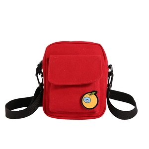 Cute red canvas mini crossbody bag with cartoon orange applique and adjustable strap