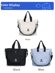 Tre borse tote in nylon nei colori beige, nero e blu con tracolla regolabile
