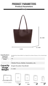 Tableau détaillé des dimensions pour grand sac cabas en similicuir marron avec mesures