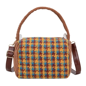 Retro small square handbag with blue and yellow houndstooth fabric and brown plush trim