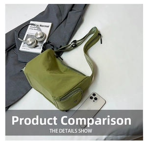 Detailed view of green nylon crossbody bag with zipper pockets and adjustable strap
