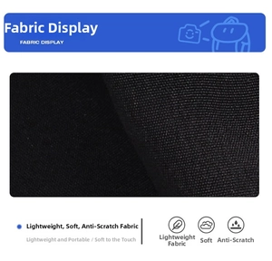 Detail display of black woven fabric showing scratch-resistant texture of the tote bag