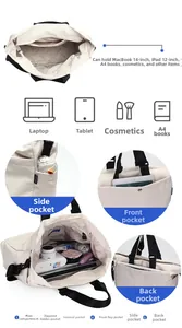 Vista dettagliata dell'interno della borsa tote in nylon con scomparti e tasche beige