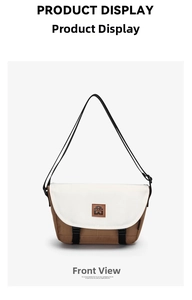 Detail of messenger bag with white flap, brown body and adjustable black strap