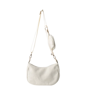 Sac à bandoulière hobo en velours côtelé blanc avec petit porte-monnaie rond suspendu