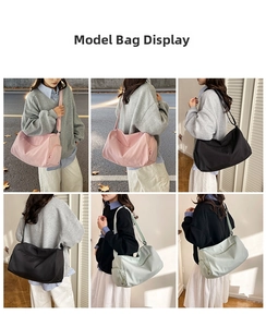 Detail showing high-capacity nylon crossbody bags in pink, black and light green colors