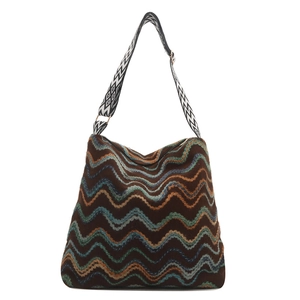 Braune Retro-Tragetasche mit bunter Stickerei und breitem geometrischem Schultergurt
