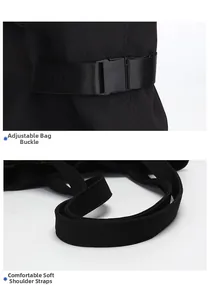 Detail of adjustable plastic buckles and wide soft shoulder straps on black tote bag
