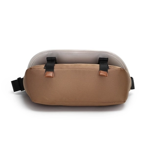 Brown nylon crossbody bag with contrasting grey back and durable black buckle straps