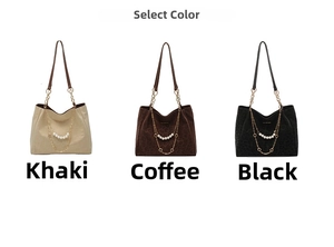 Three large tote bags in khaki, coffee, and black with pearl chains and leopard texture