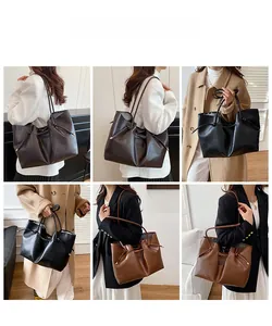 Collage of large brown faux leather tote bags shown in various fashion styling scenarios