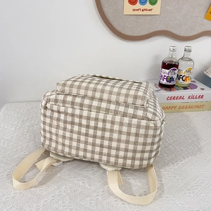 Japanese retro plaid backpack in brown and beige canvas with adjustable cream straps