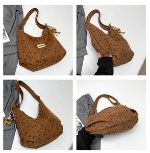 Brown corduroy tote bag showing four angles with heart prints and adjustable straps