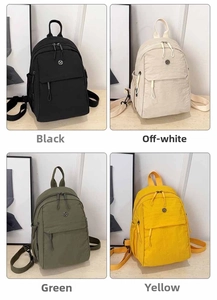 Collage of multi-functional nylon backpacks in black, off-white, olive, and yellow