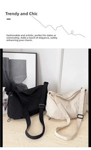Detail of adjustable nylon tote bags with drawstring bottom in black and cream beige