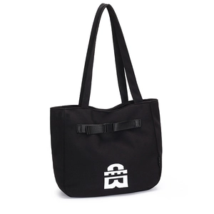 Black canvas tote bag with nylon buckle strap and white logo for stylish commuting