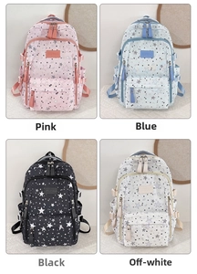 Showcase of four colors for star pattern student backpack in pink, blue, black, and beige