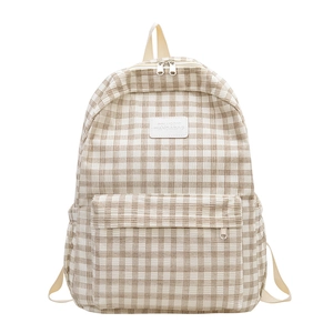 Plaid canvas college backpack in beige and coffee with dual zip main compartment