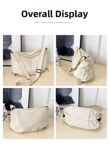 Detailed multi-angle views of large beige nylon tote bag with adjustable black straps