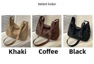 Detailed comparison of khaki, brown, and black suede tote bags with adjustable straps