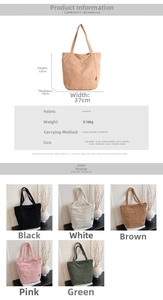 Tableau détaillé montrant dimensions du sac en velours et cinq options de couleurs