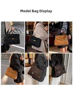 Elegante borsa in pelle scamosciata con chiusura dorata mostrata in vari stili e colori