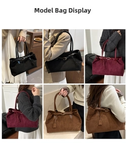 Three suede hobo bags in black, burgundy, and brown with decorative metal buckle straps