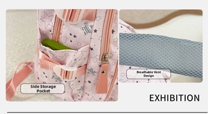 Detailed view of pink star backpack featuring side storage pocket and breathable shoulder straps
