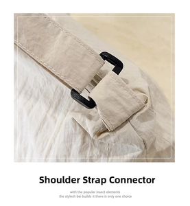 Detail showing the sturdy black plastic strap connector on a beige nylon tote bag