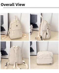 Detailed views of beige multi-way nylon backpack showing front, side, back and base structures
